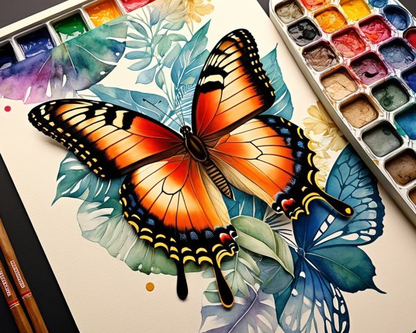 Watercolor Butterfly on Leaves with Palette and Pencils