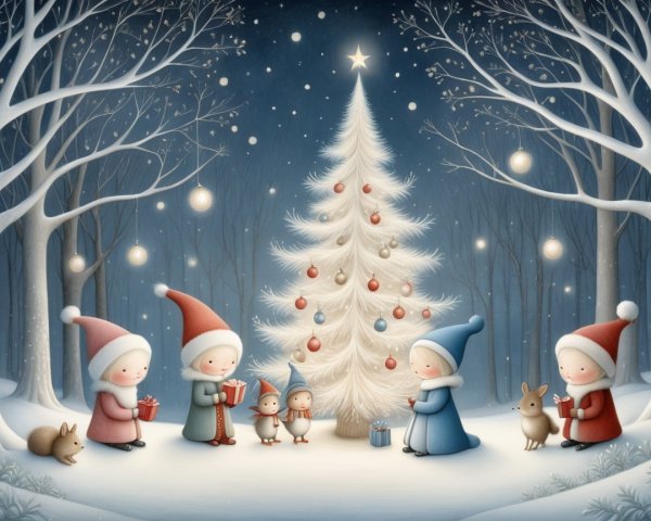 Children in festive hats by a decorated Christmas tree