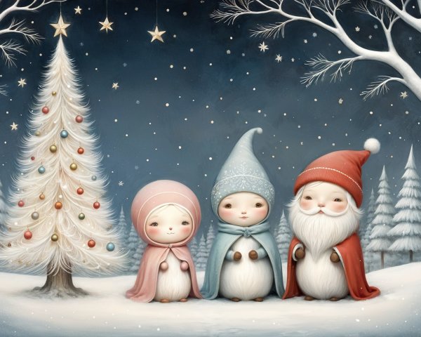 Whimsical Winter Scene with Characters and Christmas Tree