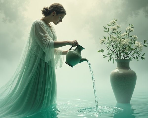 Woman in Ethereal Dress Pouring Water in Tranquil Scene