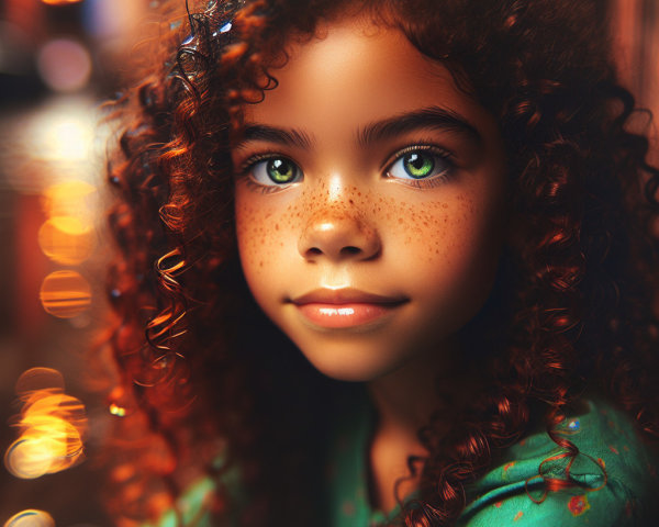 Portrait of a young girl with curly hair and green eyes