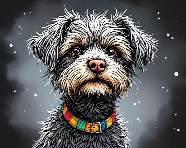 Charming Fluffy Dog Illustration with Colorful Collar