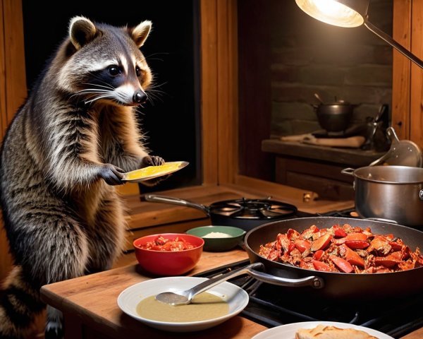 Raccoon in Cozy Kitchen with Food and Cooking Scene