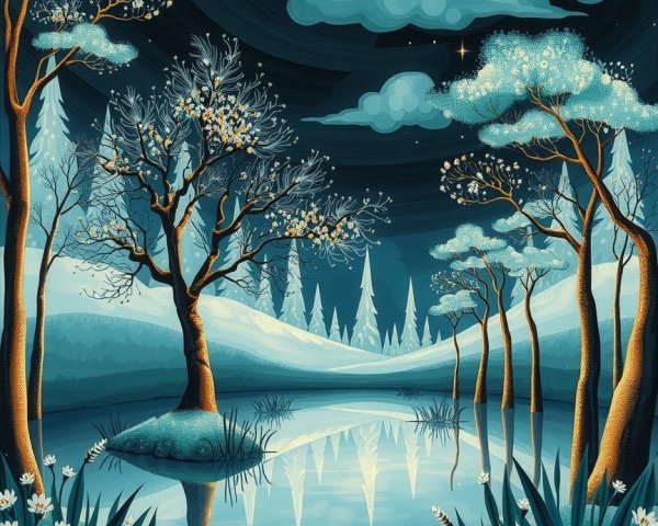 Serene Winter Landscape with Reflective Lake and Moon