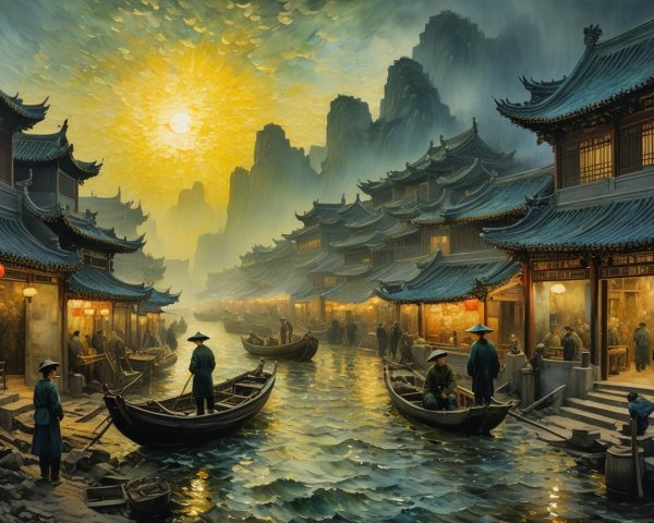 Serene Riverside Village at Sunset with Traditional Buildings