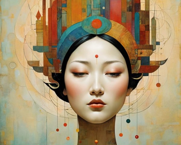 Serene Figure with Abstract City Skyline Headdress