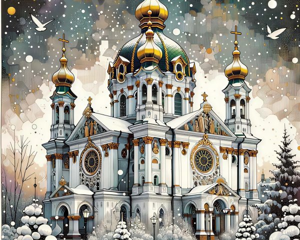 Intricate Digital Illustration of a Snowy Cathedral