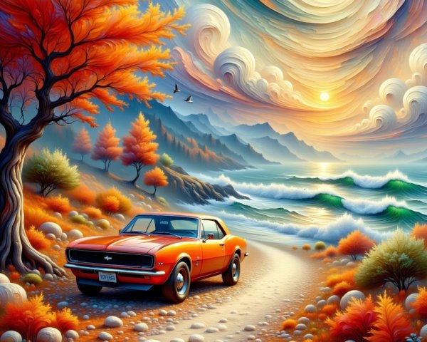 Vibrant Sunset Over Scenic Coastline with Vintage Car