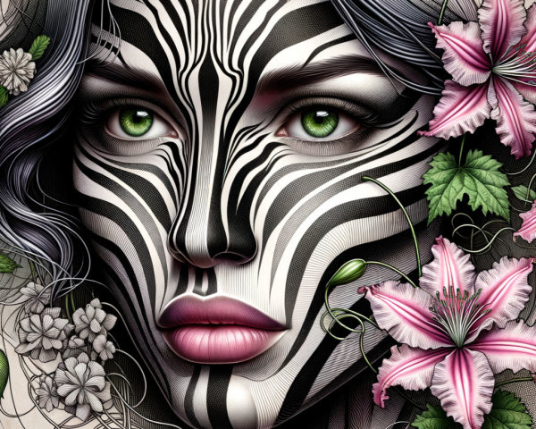 Portrait of a Woman with Zebra Stripes and Flowers