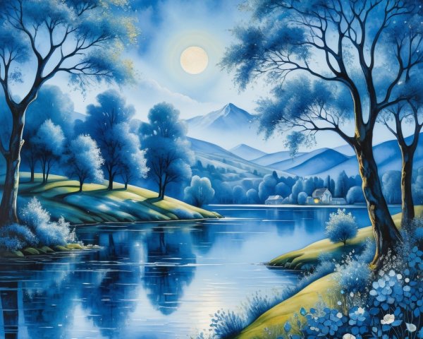 Twilight Landscape with Calm River and Moonlight