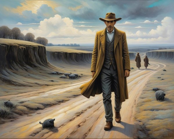 Lone Figure on Dusty Road in Vast Landscape Scene