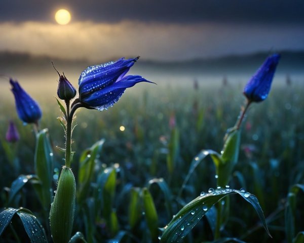 Serene Dawn Field with Vibrant Blue Flowers and Mist