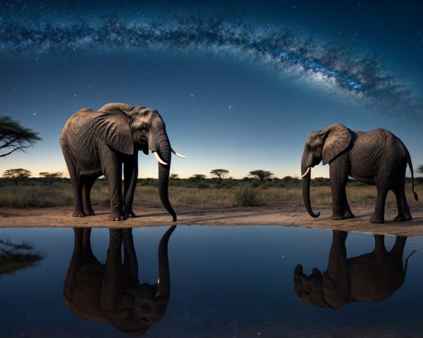 Elephants by a Waterhole Under a Starry Sky