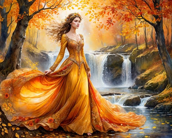 Autumn Scene with Woman by Sparkling Waterfall