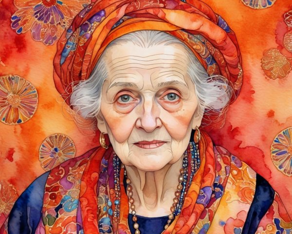 Watercolor Portrait of an Elderly Woman in Turban