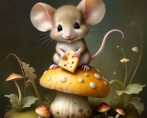 Cartoon Mouse on Yellow Mushroom in Enchanted Forest