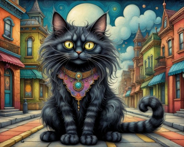 Majestic Black Cat in Whimsical Street Scene