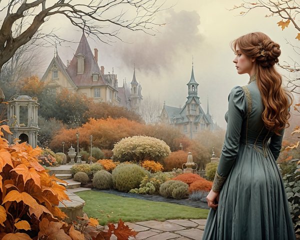 Autumn Garden Scene with Young Woman and Mansion