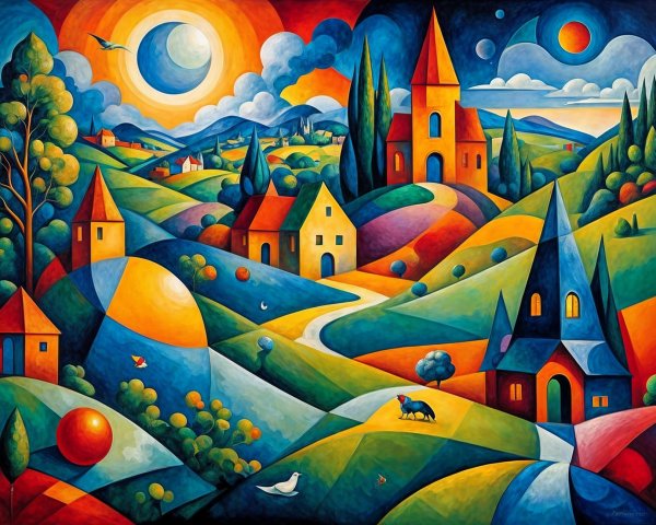 Vibrant Landscape with Geometric Houses and Nature Elements
