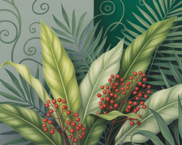 Vibrant Composition of Green Leaves and Red Berries