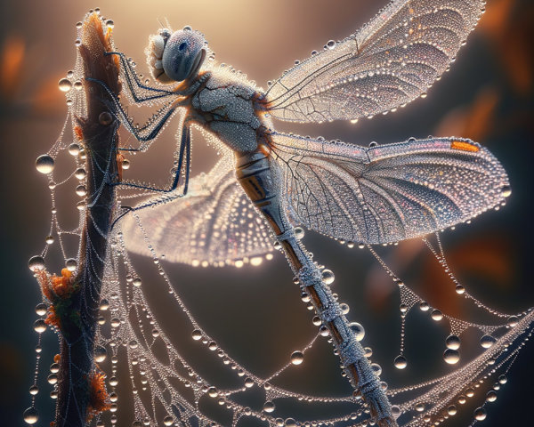 Delicate dragonfly on twig with shimmering water droplets