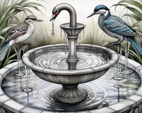Illustrated Fountain with Birds and Lush Foliage