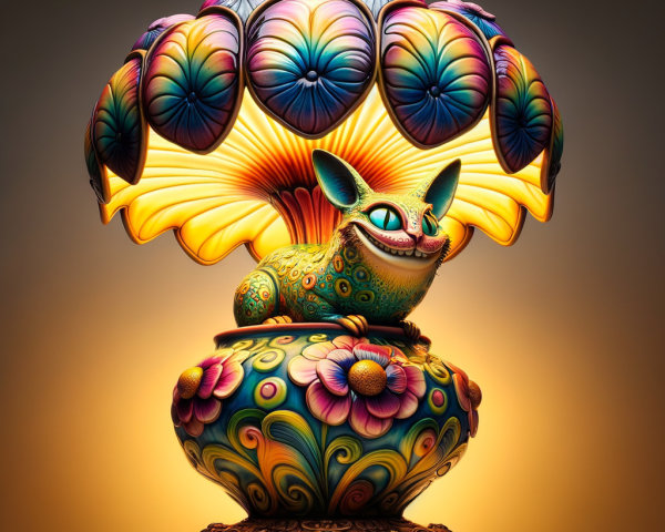 Whimsical lamp with floral base and playful creature