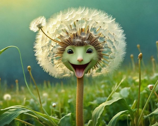 Whimsical Character with Dandelion and Creature Features