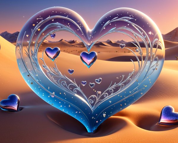 Transparent heart sculpture in a desert sunset landscape