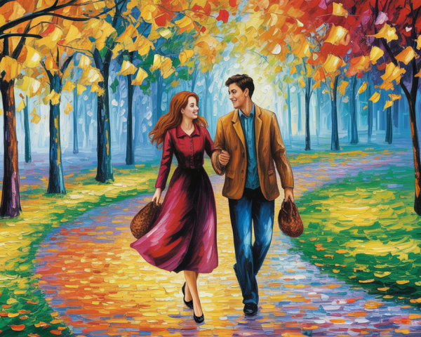 Couple Walking Through Colorful Autumn Foliage Path