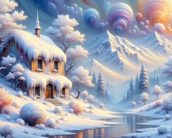Serene Winter Landscape with Snow-Covered Cottage