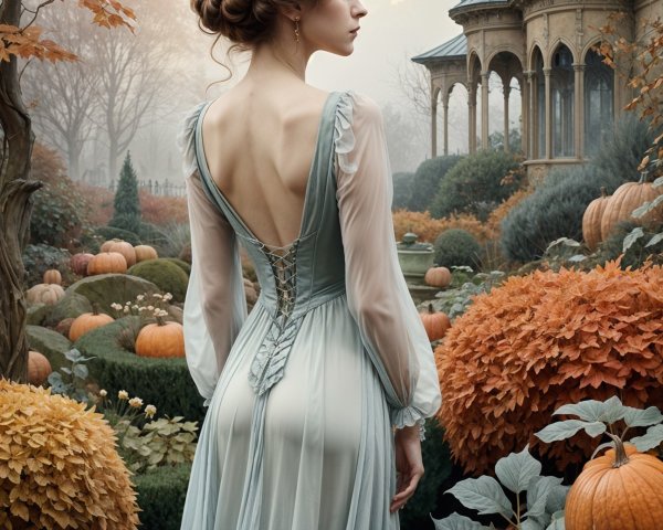 Young Woman in Elegant Gown in Autumn Garden Setting