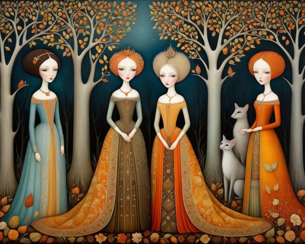 Elegant Women in Autumn Forest with Golden Leaves