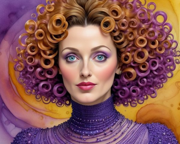 Elegant woman with vibrant curls and purple outfit