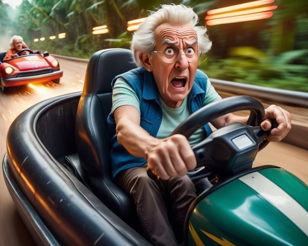 Elderly Man Racing a Go-Kart on Vibrant Track