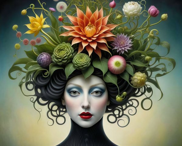 Fantastical Portrait of a Woman with Floral Headpiece