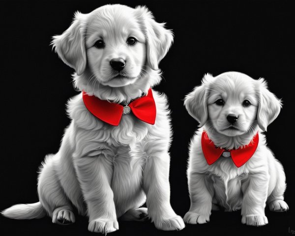 Golden retriever puppies with red bow ties on black