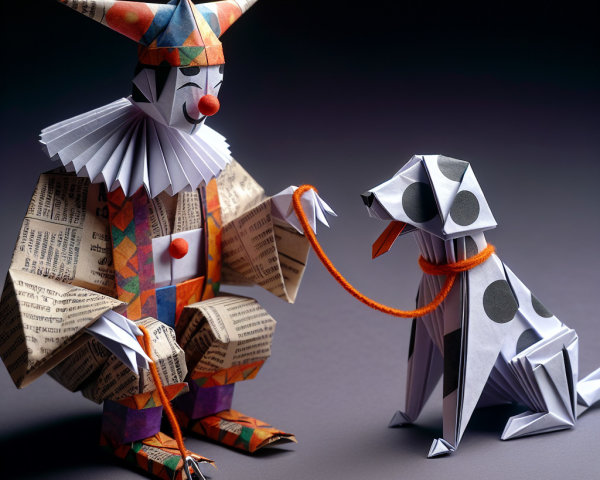 Whimsical Origami Scene of Clown and Playful Dog