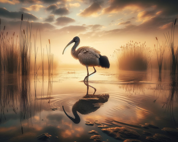 Dawn Scene with Bird Wading in Calm Waters