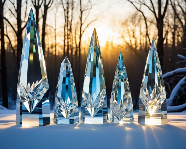 Crystal Prisms Against Sunset and Snowy Ground