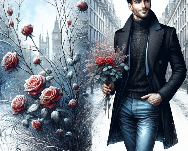 Handsome man with flowers in snowy urban setting