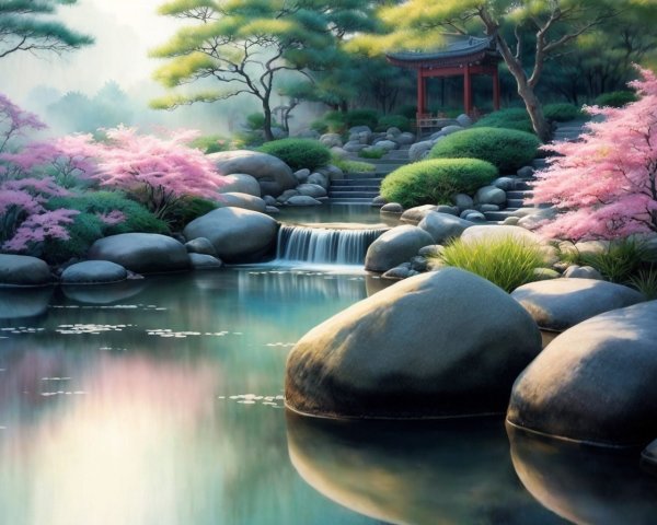Tranquil Pond Landscape with Cherry Blossoms and Pavilion