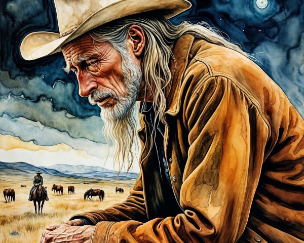 Weathered Cowboy in Open Landscape with Grazing Horses