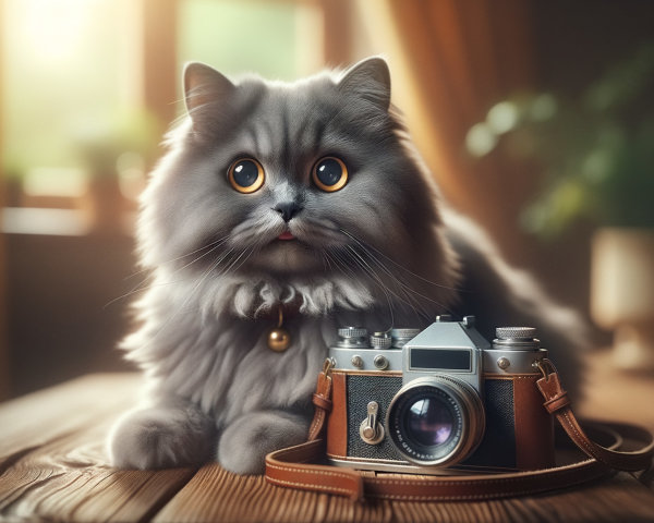 Fluffy Gray Cat and Vintage Camera in Cozy Light