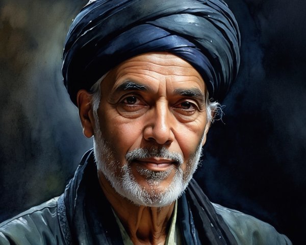 Older Man in Blue Turban with Thoughtful Expression