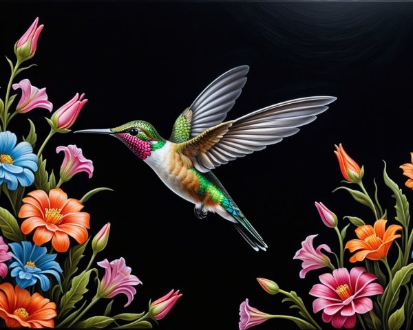 Iridescent Hummingbird with Colorful Floral Border