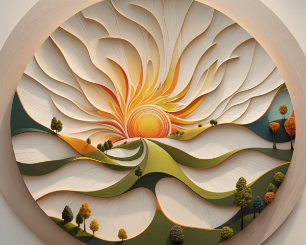 Paper Art Depicting Sunrise Over Stylized Landscape