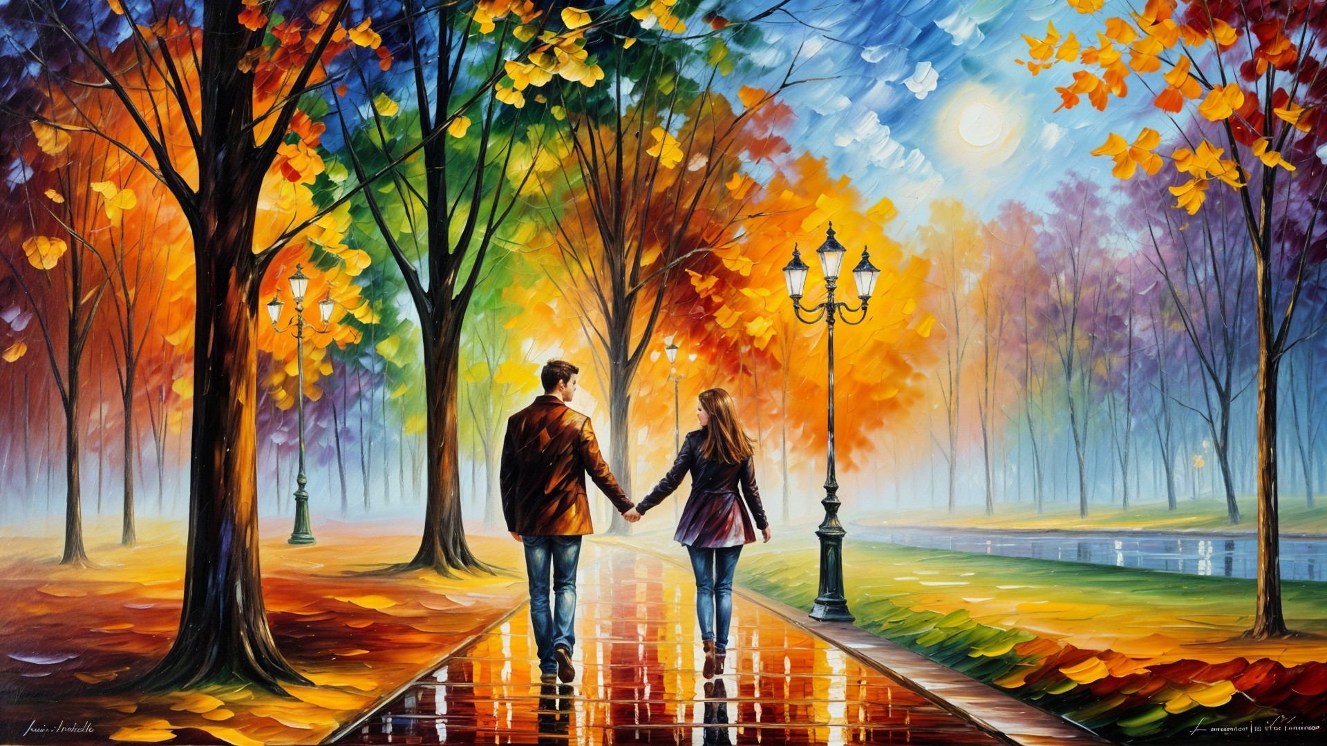 Autumn Scene of Couple on Rain-Soaked Pathway