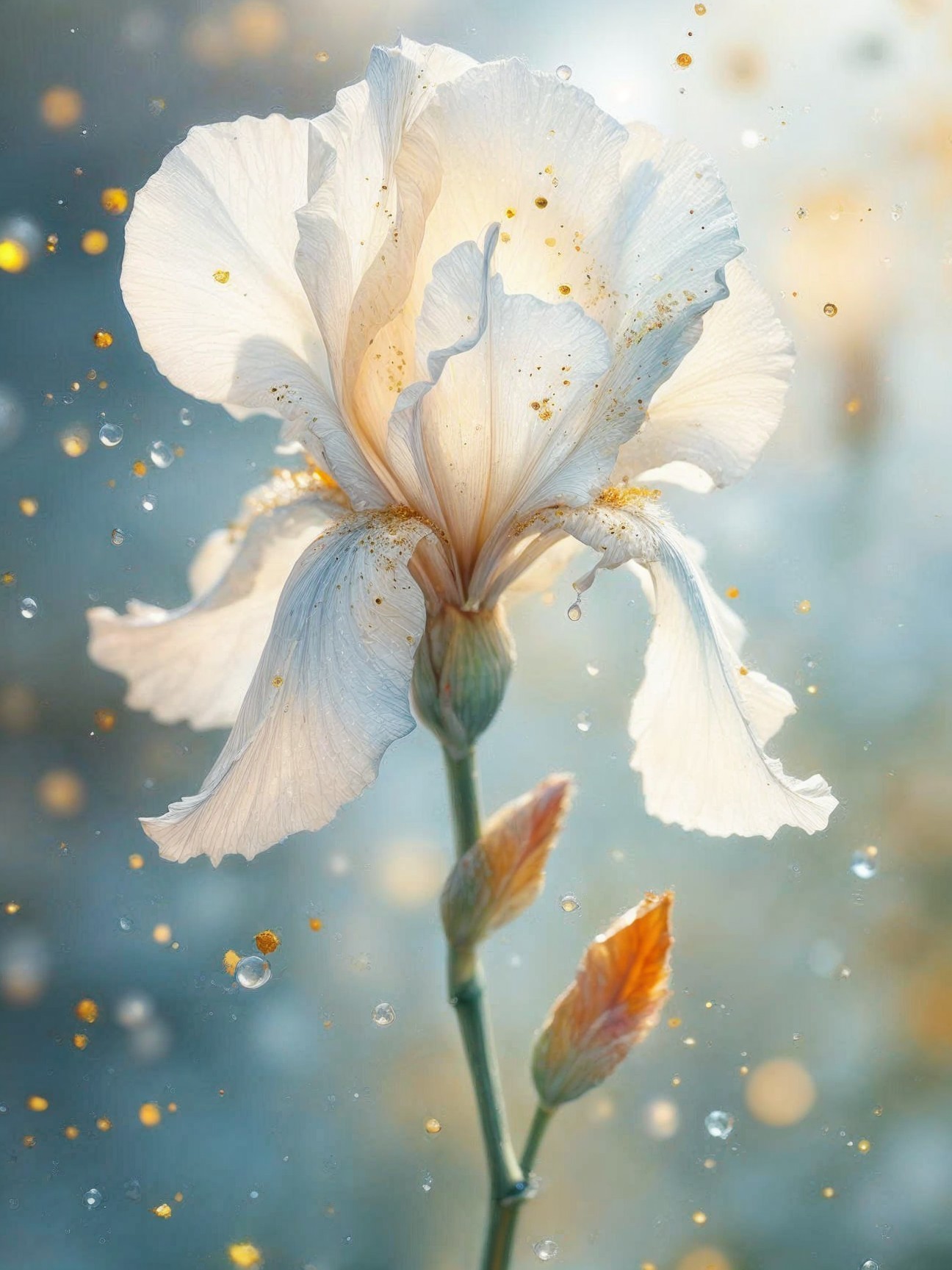 Delicate White Iris with Shimmering Droplets and Bokeh