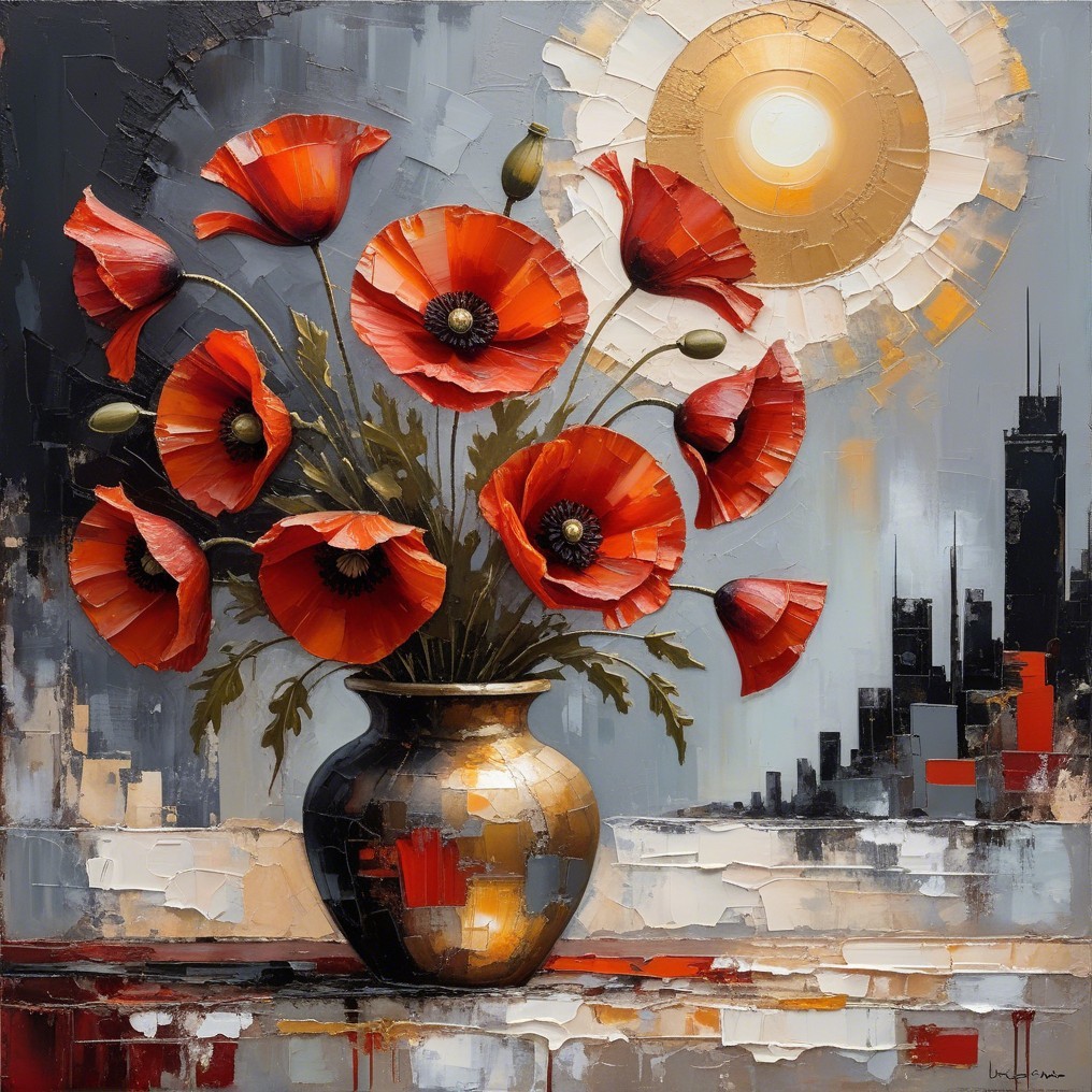 Vibrant Still Life of Red Poppies and Urban Silhouettes